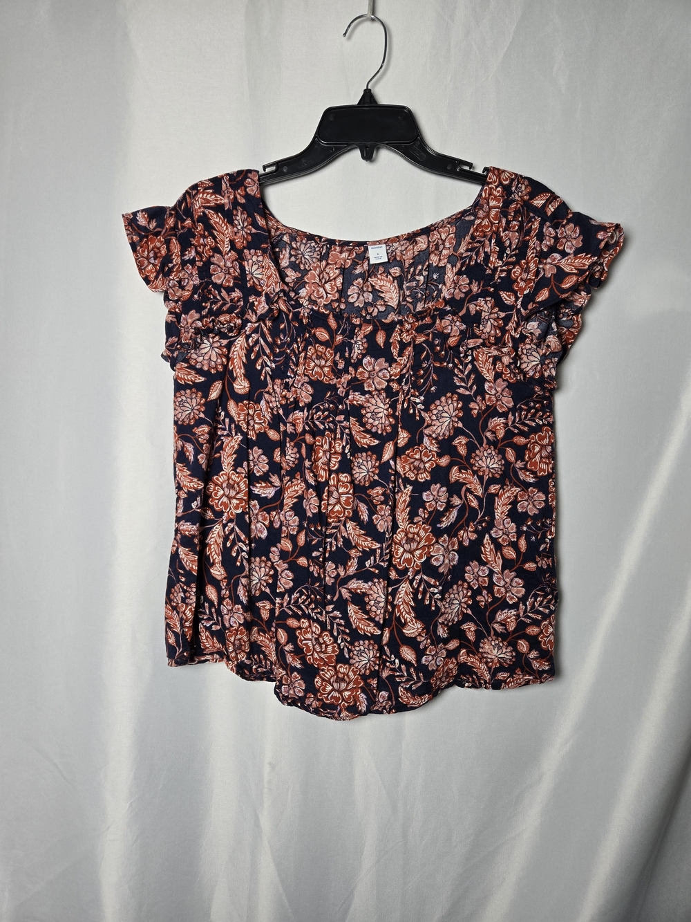 Old Navy Navy Top with Coral Floral Print and Ruffle Sleeves